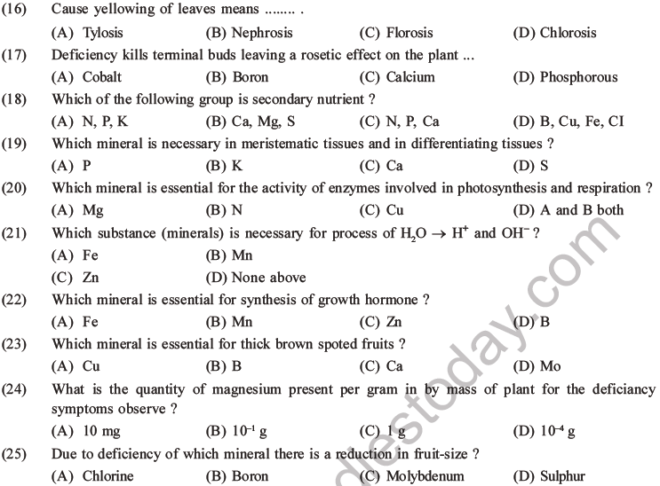 NEET Biology Mineral Nutrition MCQs Set A, Multiple Choice Questions